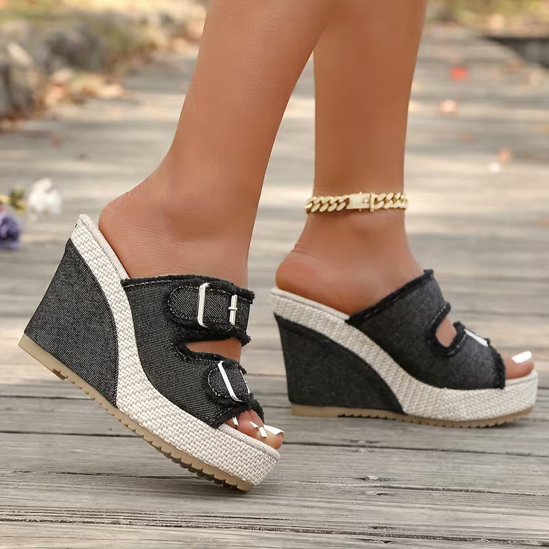Women's denim wedge sandals - heel detail