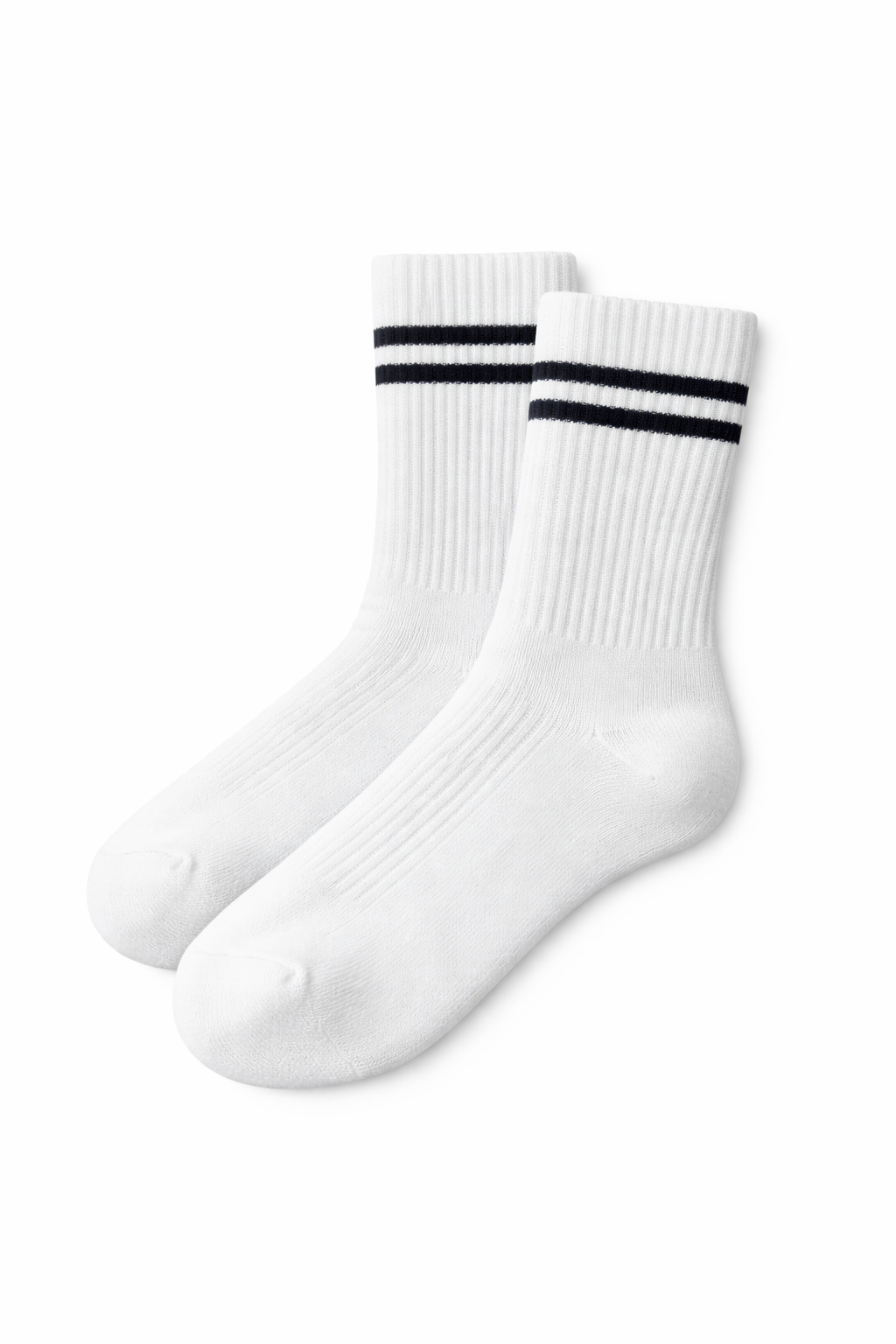 Unisex White Ribbed Crew Socks with Double Stripe - (2 pairs)