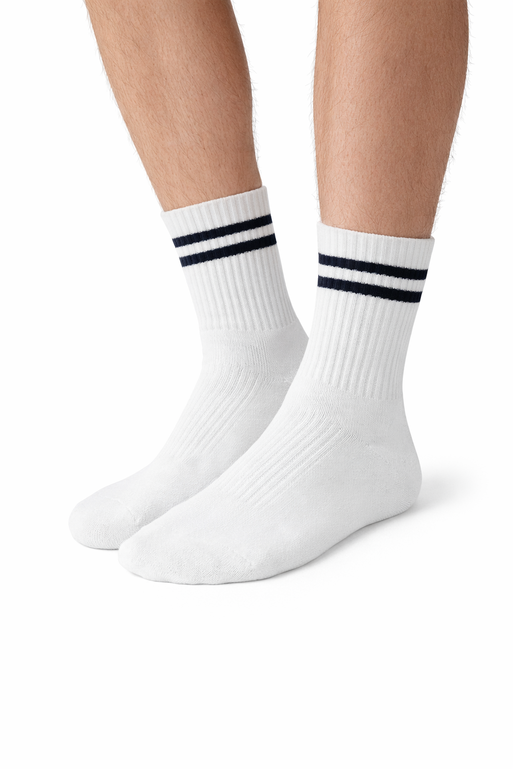 Unisex White Ribbed Crew Socks with Double Stripe - (2 pairs)
