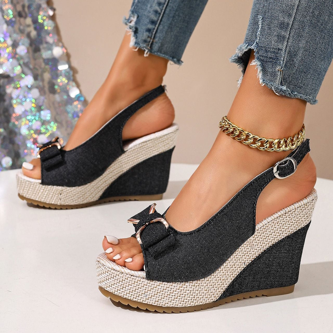 Women's denim bow wedge sandals - full view