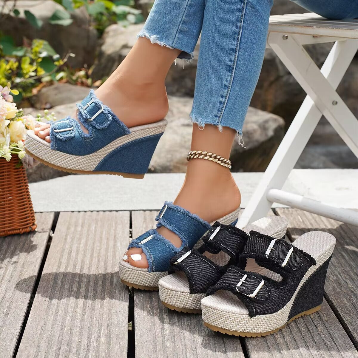 Women's denim wedge sandals - worn view