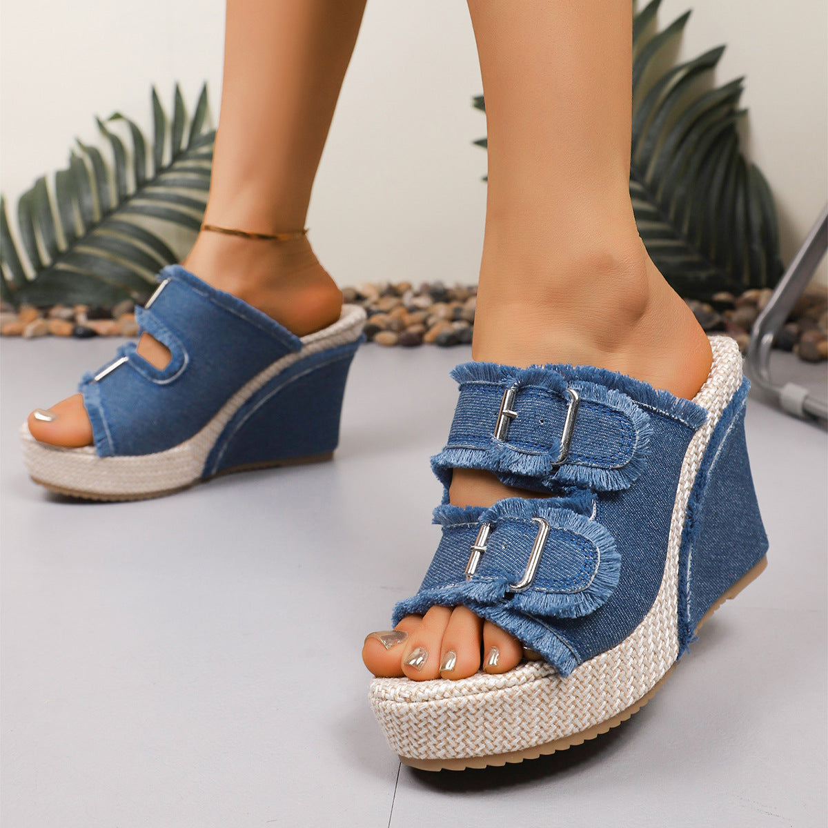 Women's denim wedge sandals in Black - front view