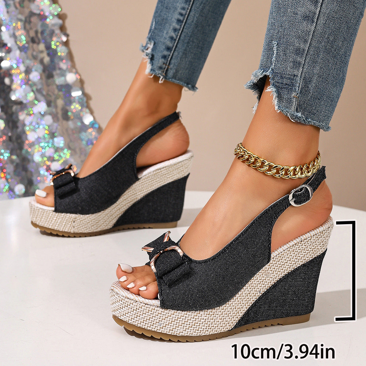 Women's denim bow wedge sandals - heel detail