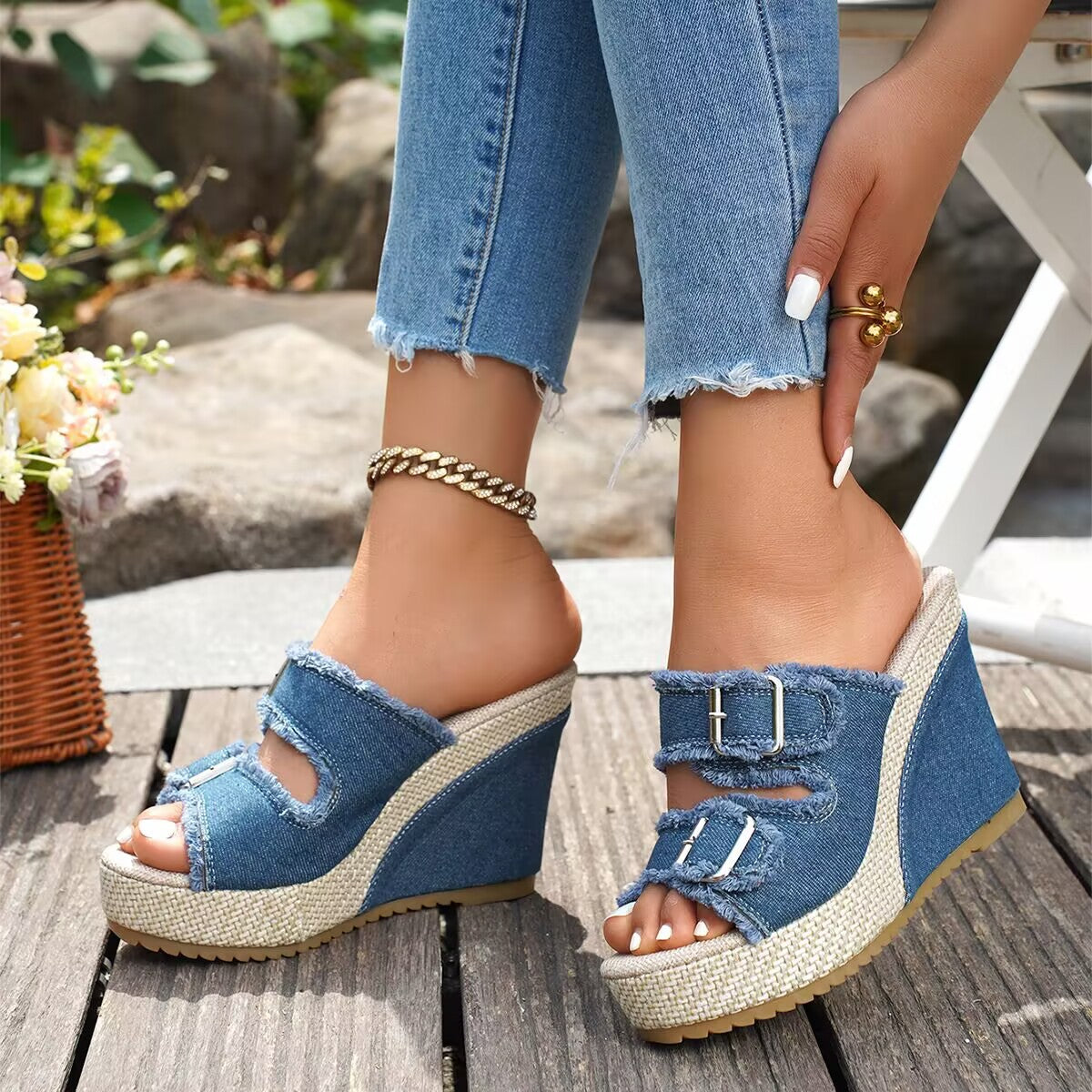 Women's denim wedge sandals - sole view