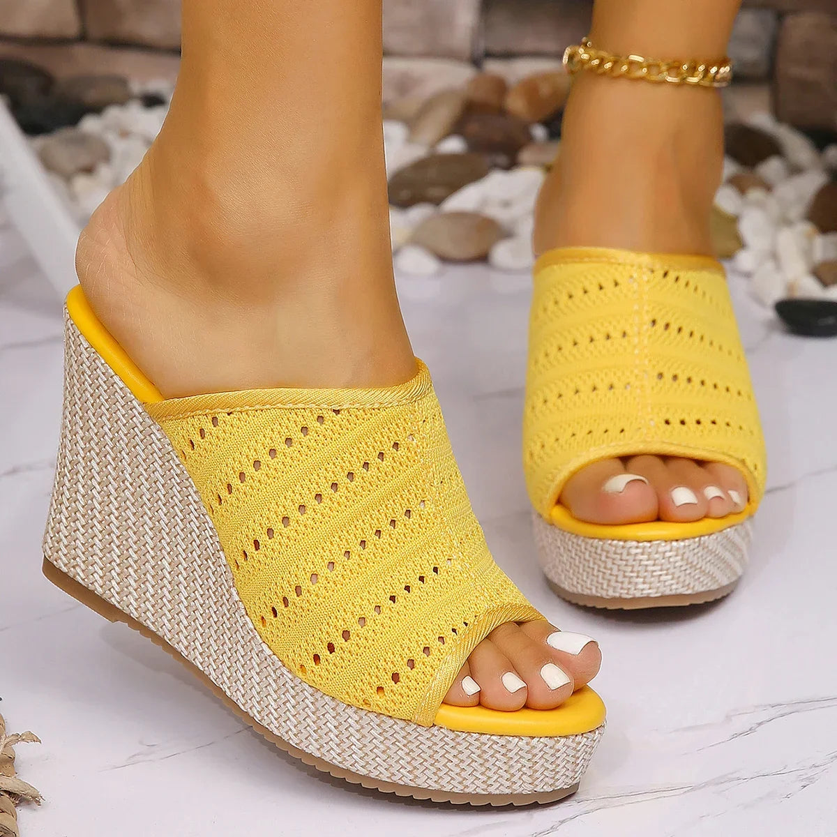 Women's knit platform wedge sandals in Yellow - front view