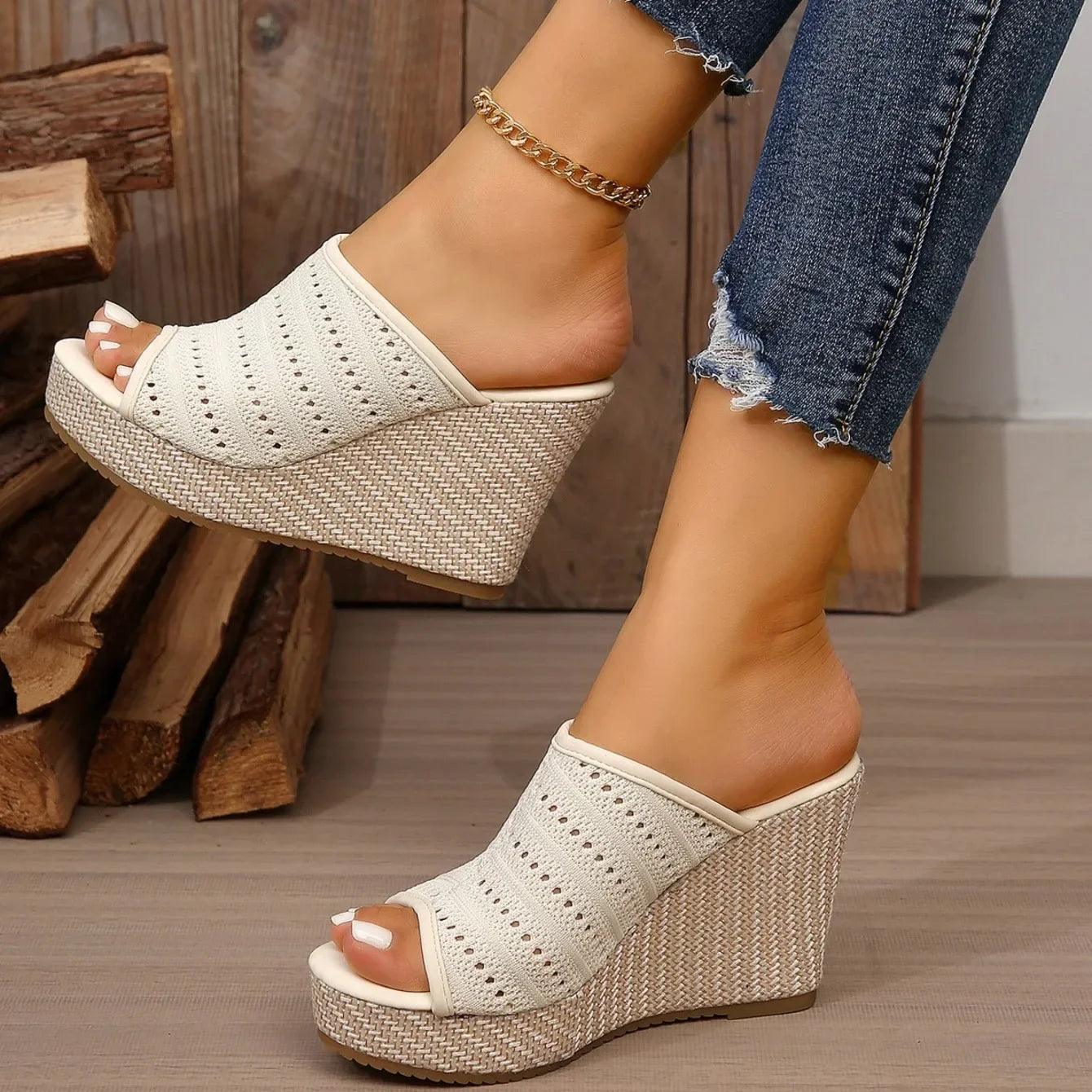 Women's knit platform wedge sandals - knit upper detail