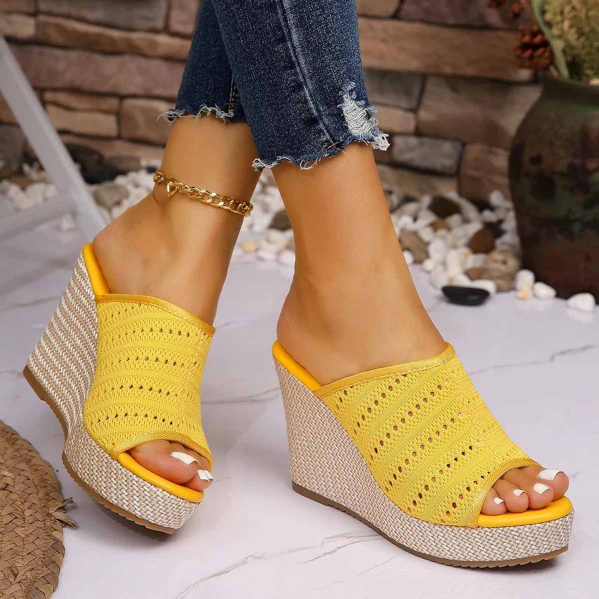 Women's knit platform wedge sandals - back view