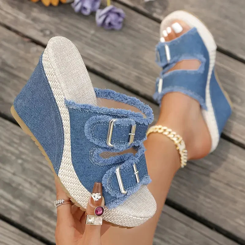 Women's denim wedge sandals - side view