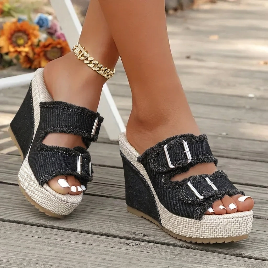 Women's denim wedge sandals - buckle strap detail