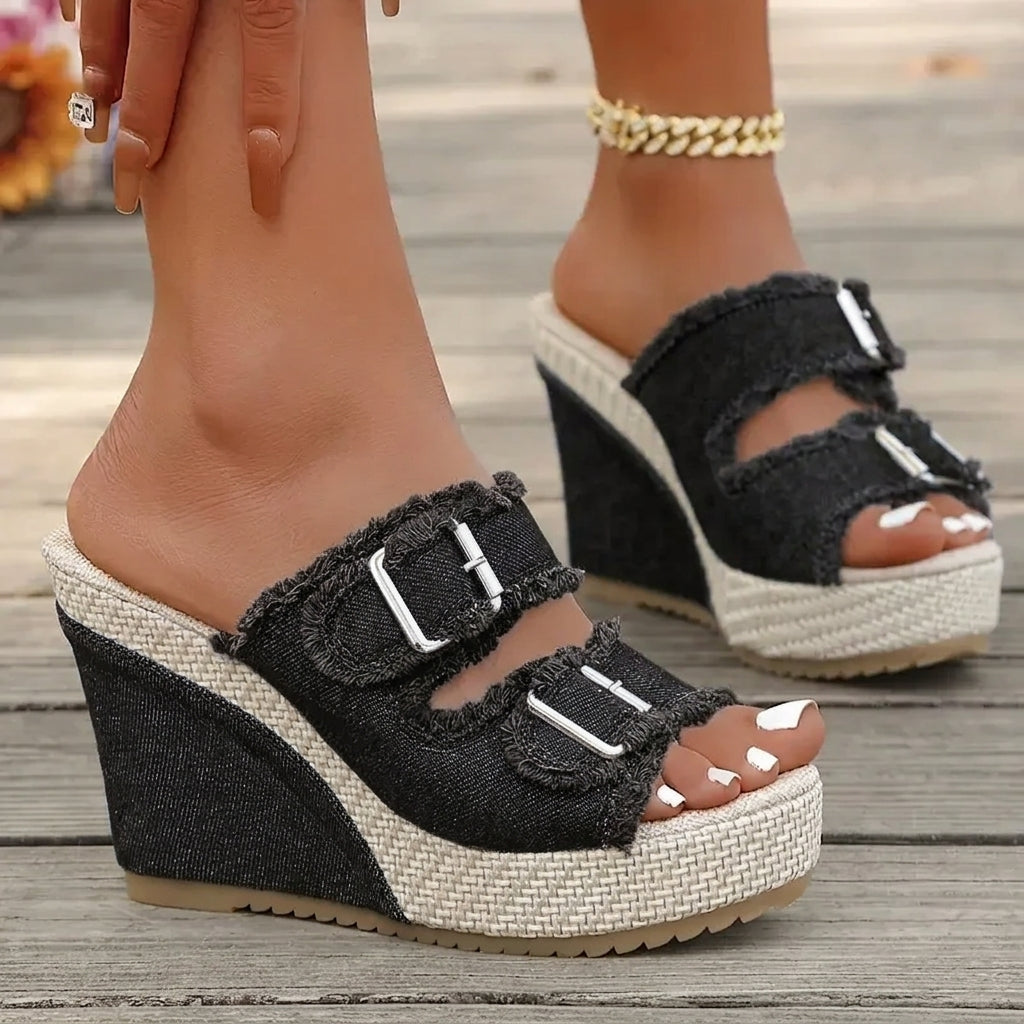 Women's denim wedge sandals in Black - side view