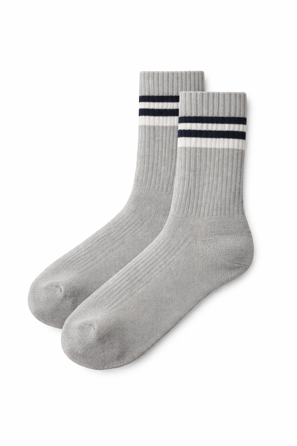 light grey ribbed crew socks with navy and white stripes - front view