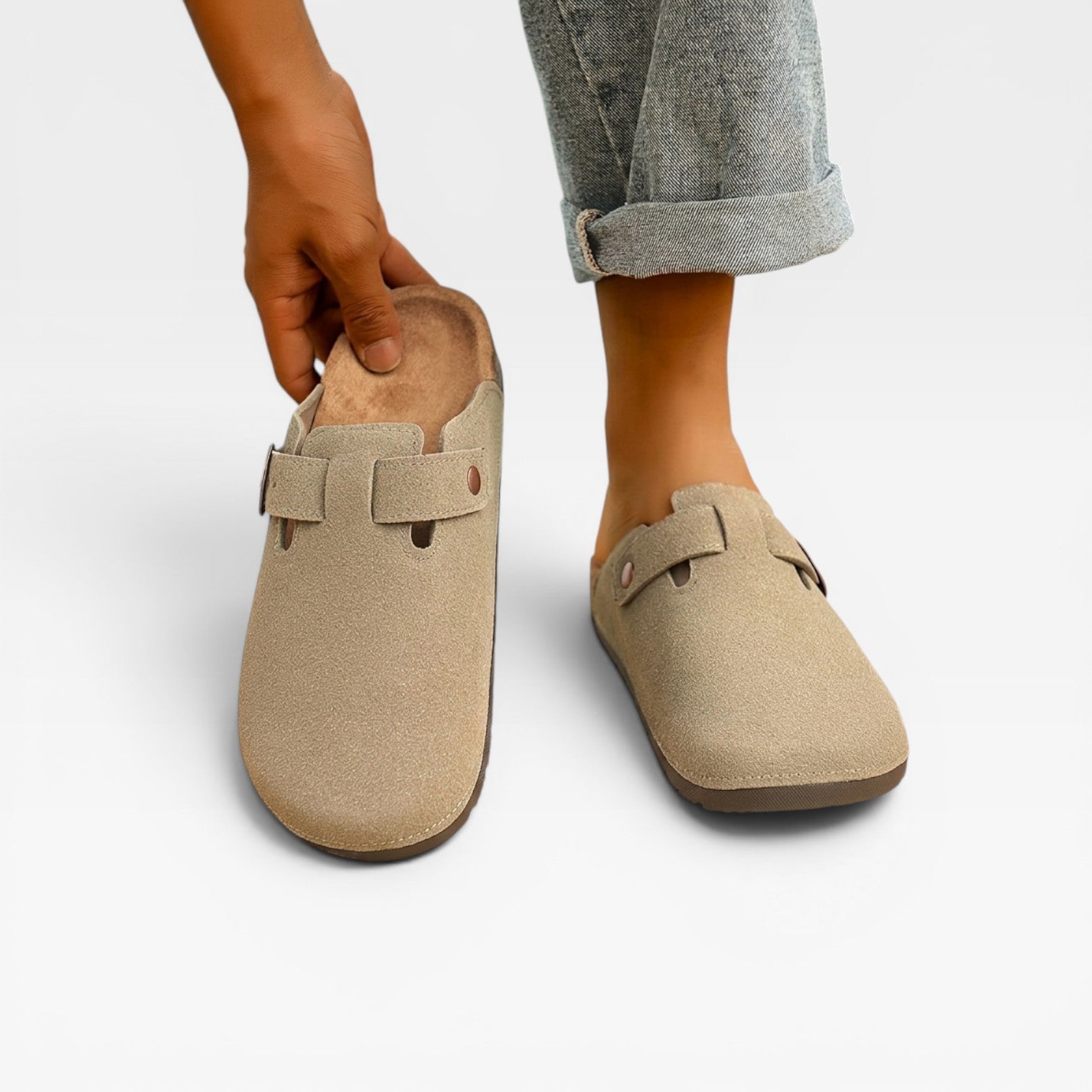 Men's cork slip-on clogs in green contoured footbed mule design
