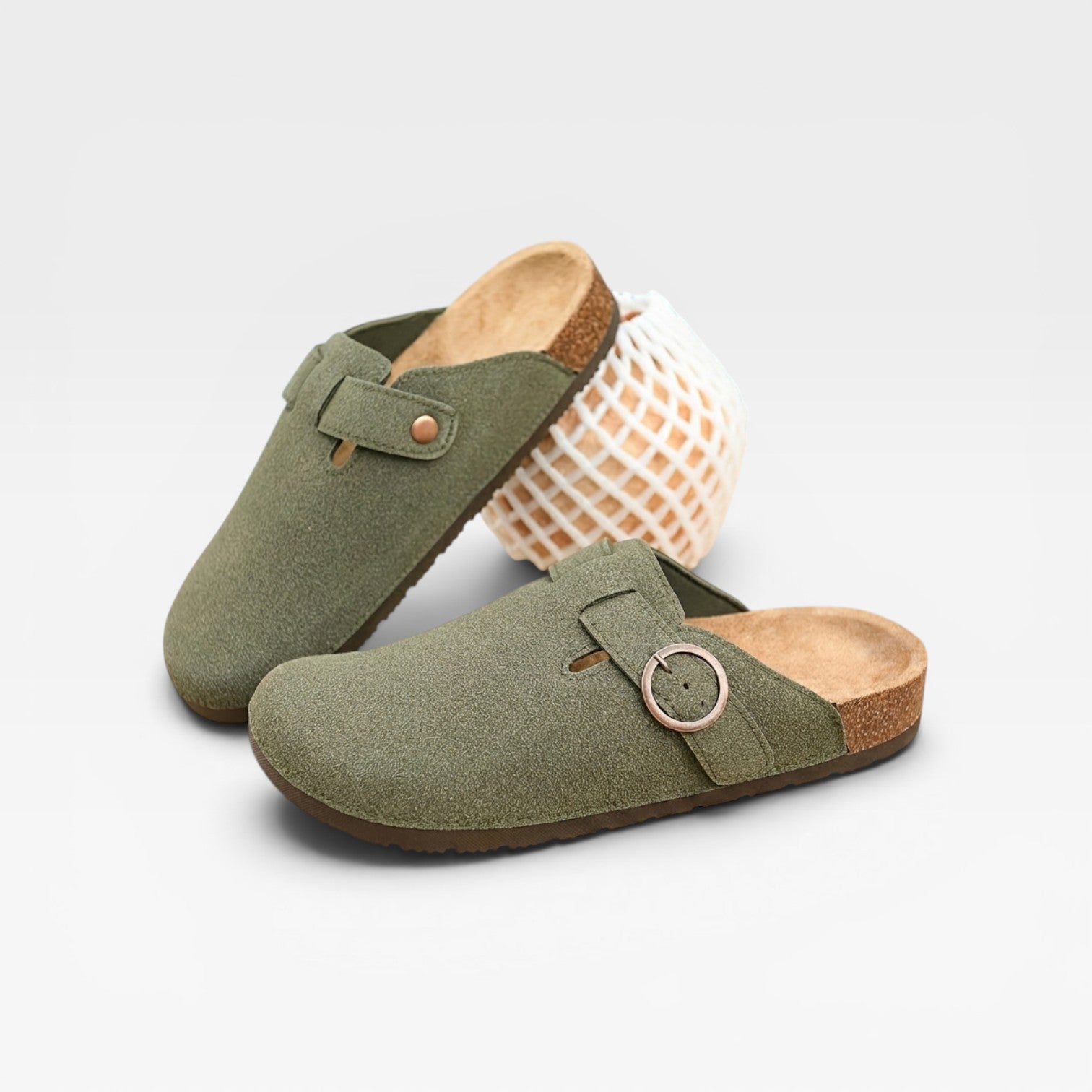Suede upper close-up men's cork clogs refined casual finish