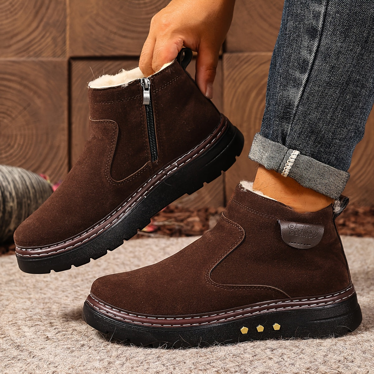 Men's Fleece-Lined Side-Zip Suede-Look Ankle Boots - view 3