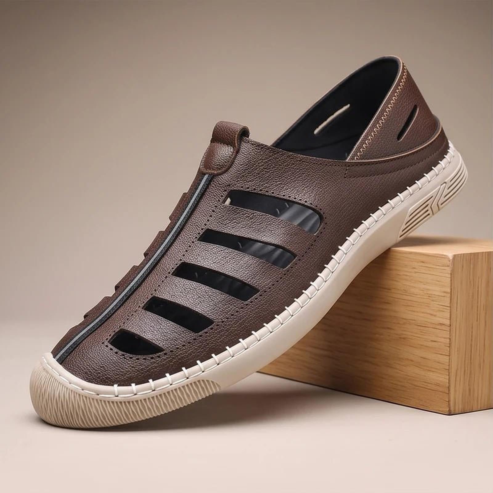 Men's leather fisherman sandals closed-toe slip-on - front view