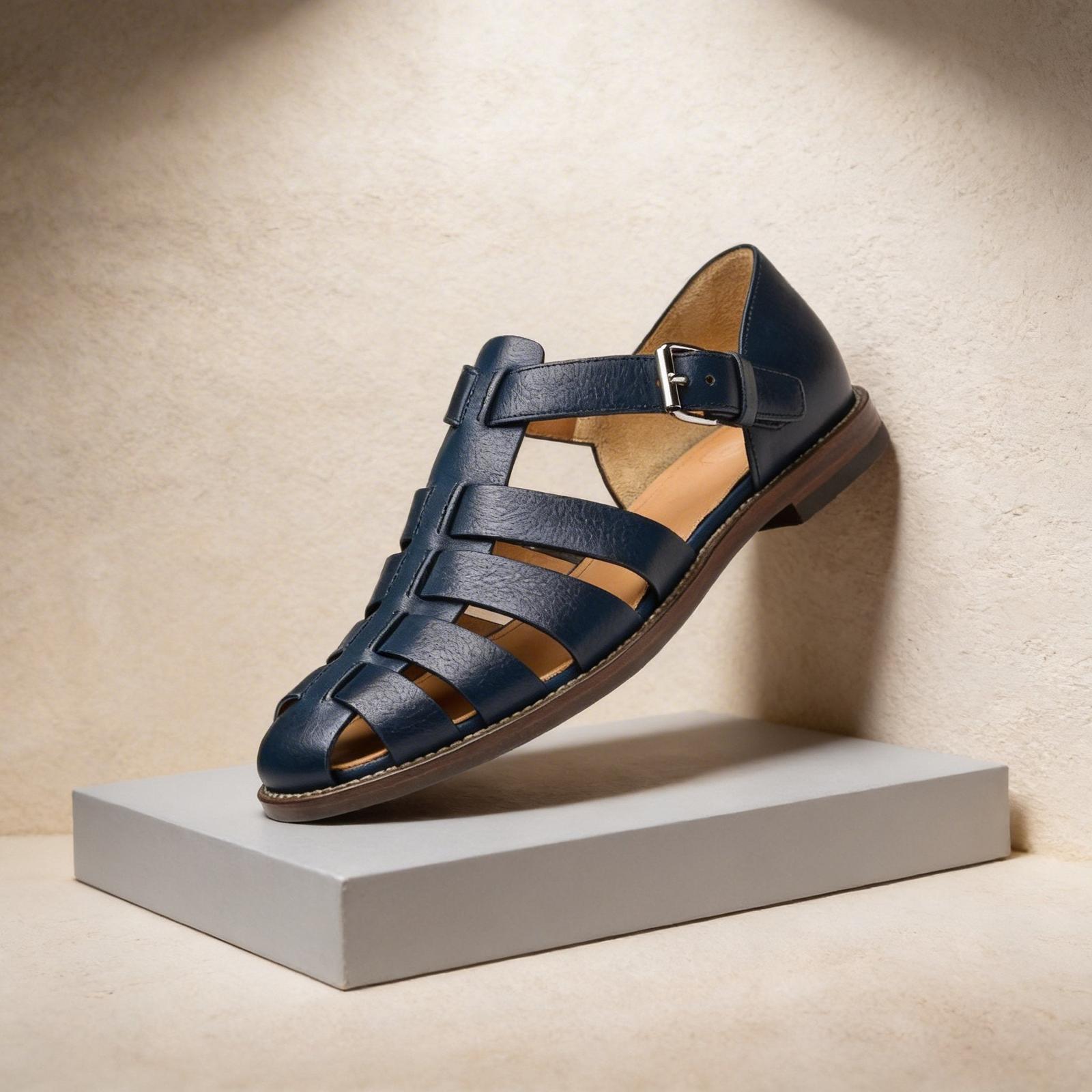 men's leather fisherman sandals in Blue - front view