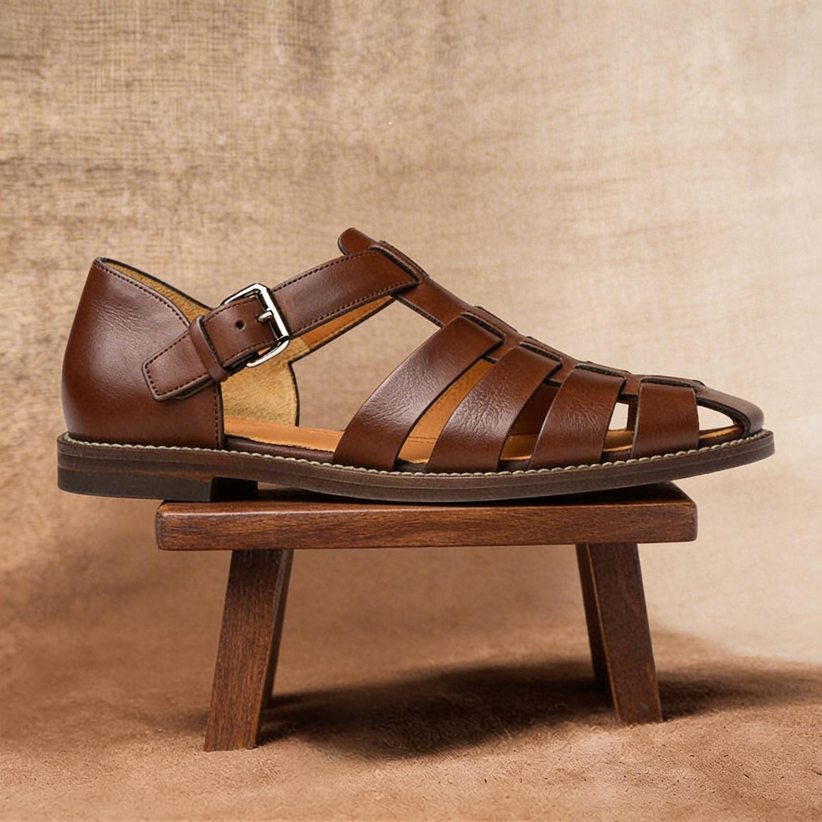 men's leather fisherman sandals in Dark Brown - front view