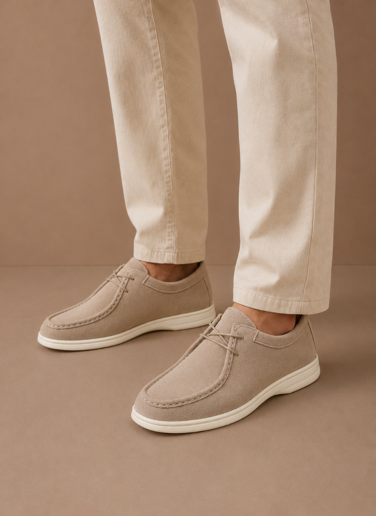 Men's moc-toe lace-up suede shoes in beige - front view