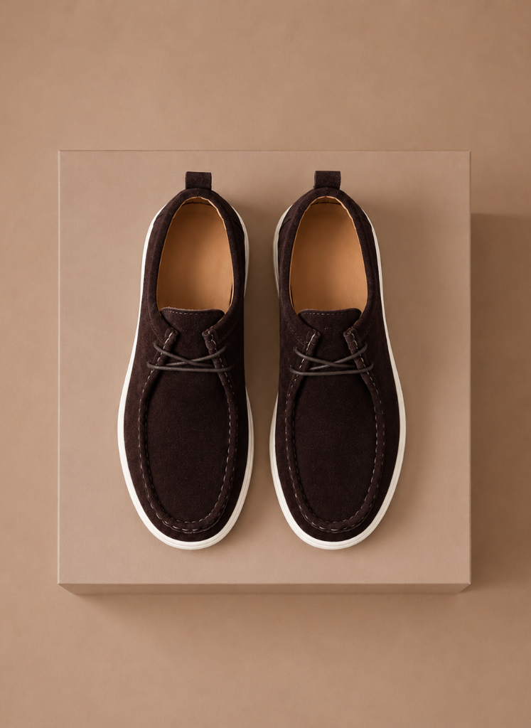Men's moc-toe suede shoes in brown - angle view