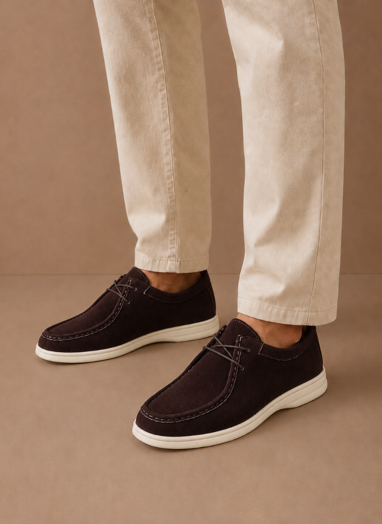 Men's moc-toe lace-up suede shoes worn - lifestyle view