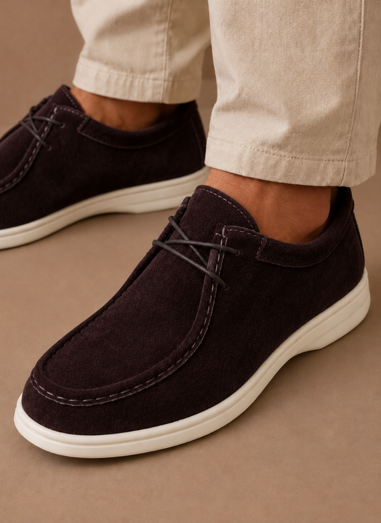Men's moc-toe suede shoes toe detail - close-up view