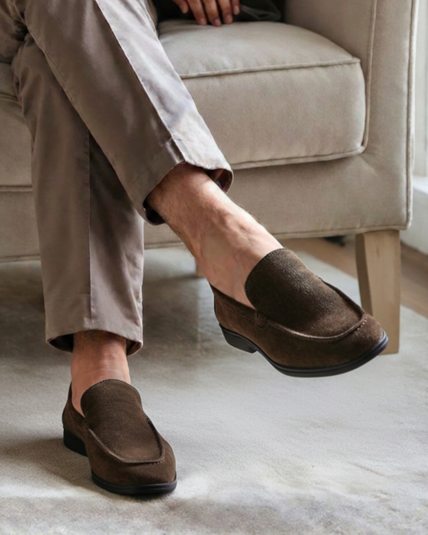 Men's suede loafers with black sole - front view