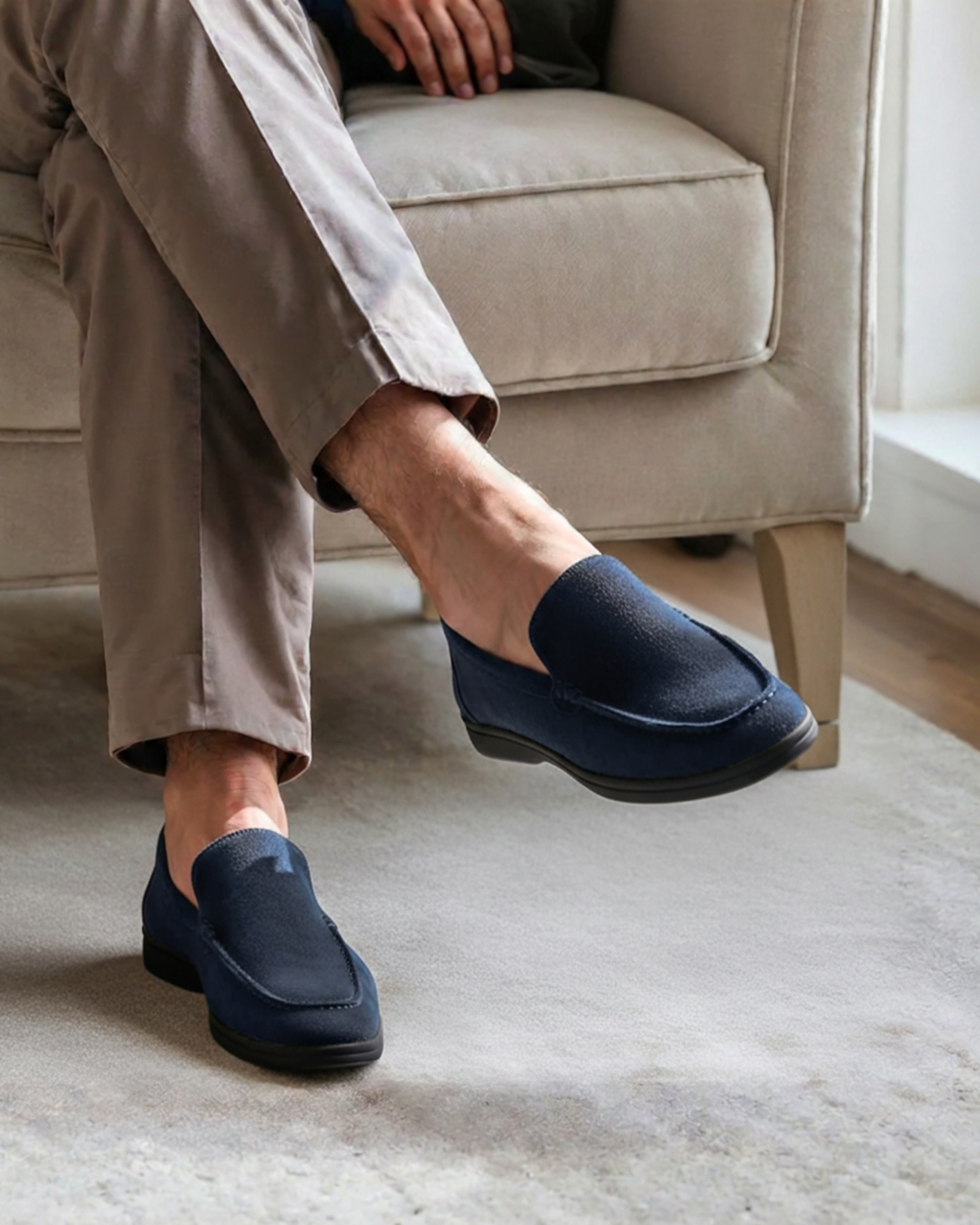 Men's suede loafers black sole - close-up view