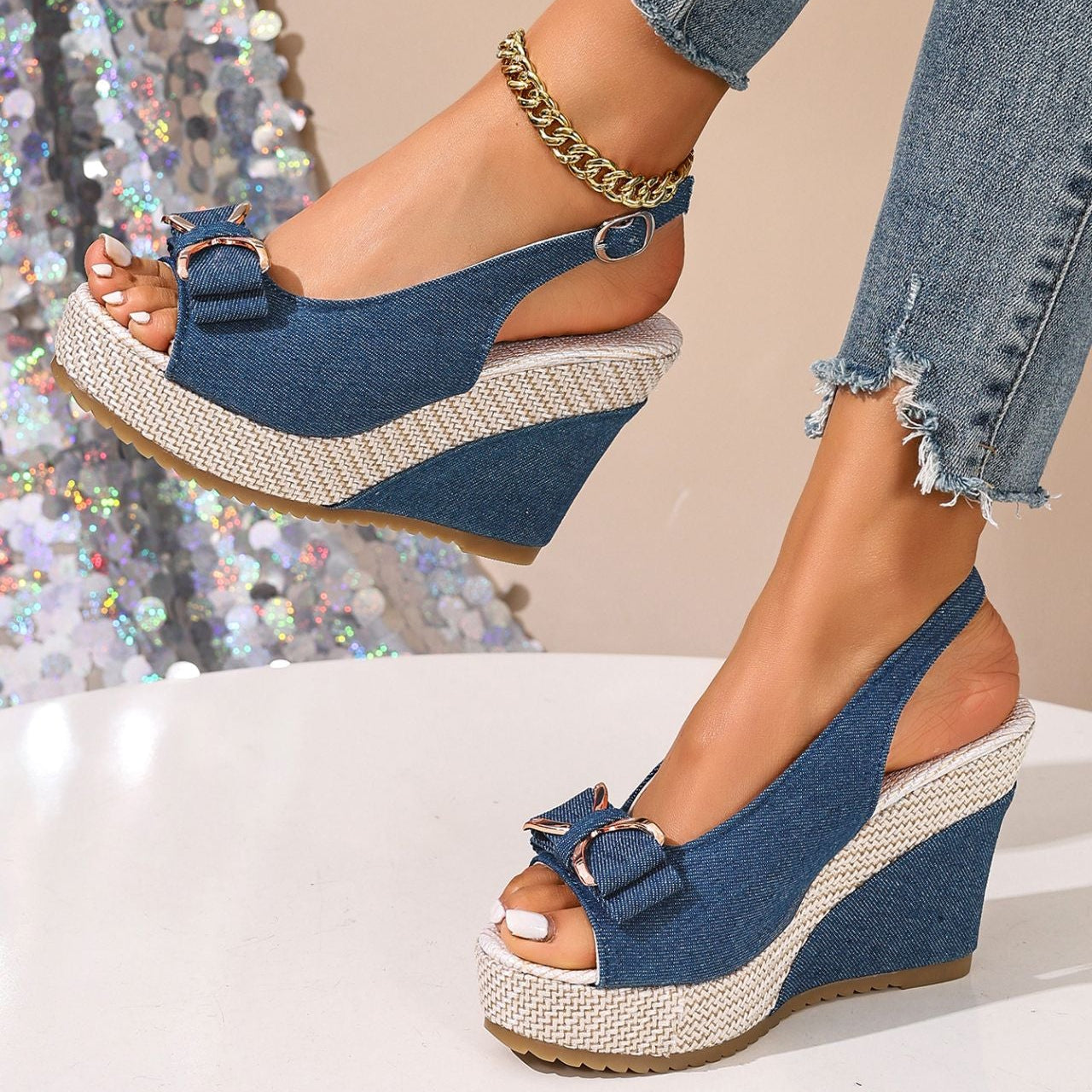 women's denim bow wedge sandals in Black - front view