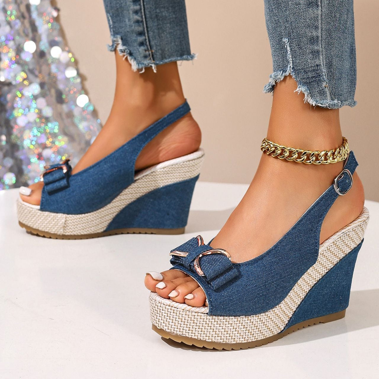 women's denim bow wedge sandals in Black - side view