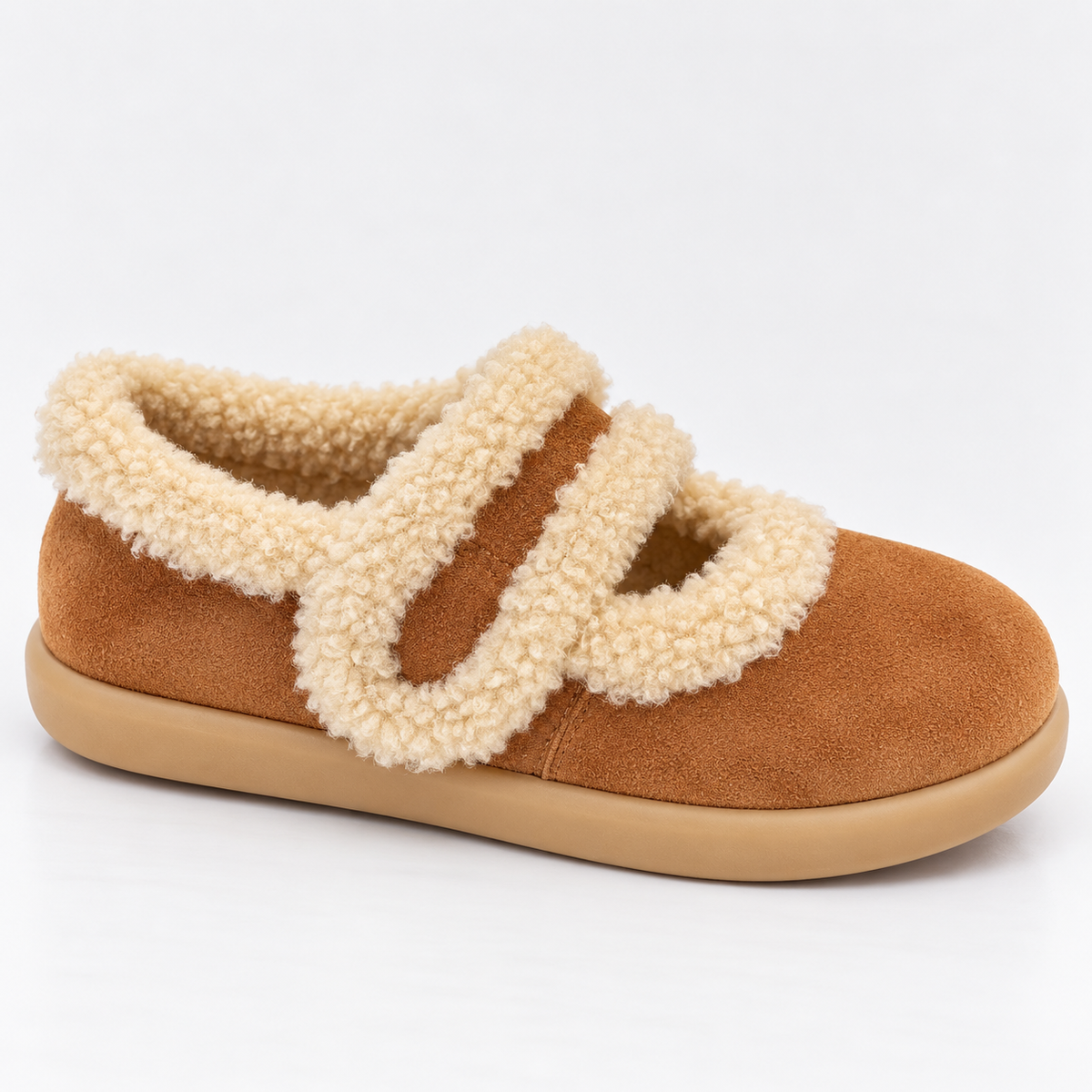 Women's Faux Fur Lined Suede-Look Slippers with Strap - view 1