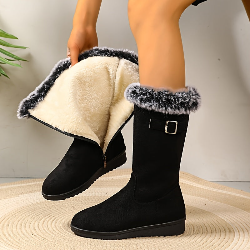 Women's Fur-Trimmed Tall Winter Boots with Buckle - view 1