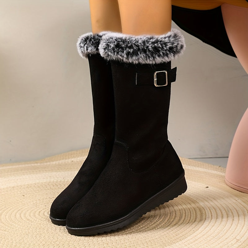 Women's Fur-Trimmed Tall Winter Boots with Buckle - view 2