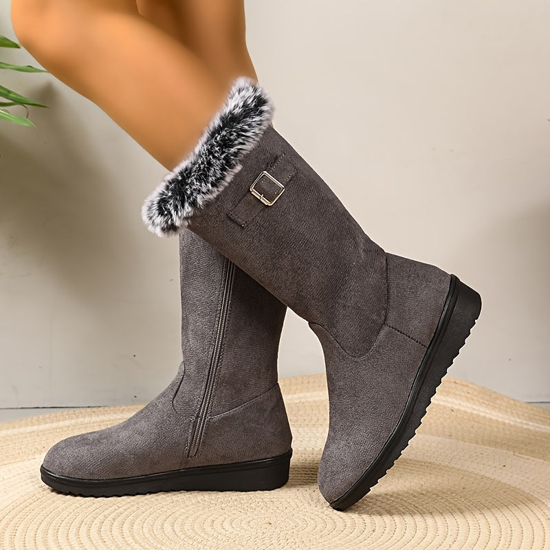 Women's Fur-Trimmed Tall Winter Boots with Buckle - view 3