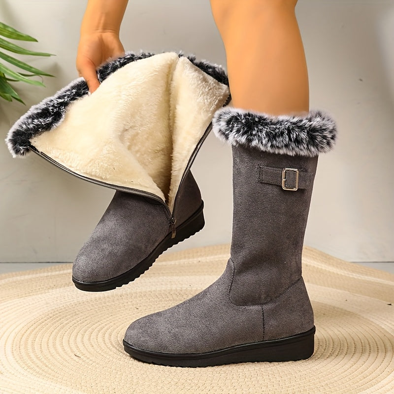 Women's Fur-Trimmed Tall Winter Boots with Buckle - view 4