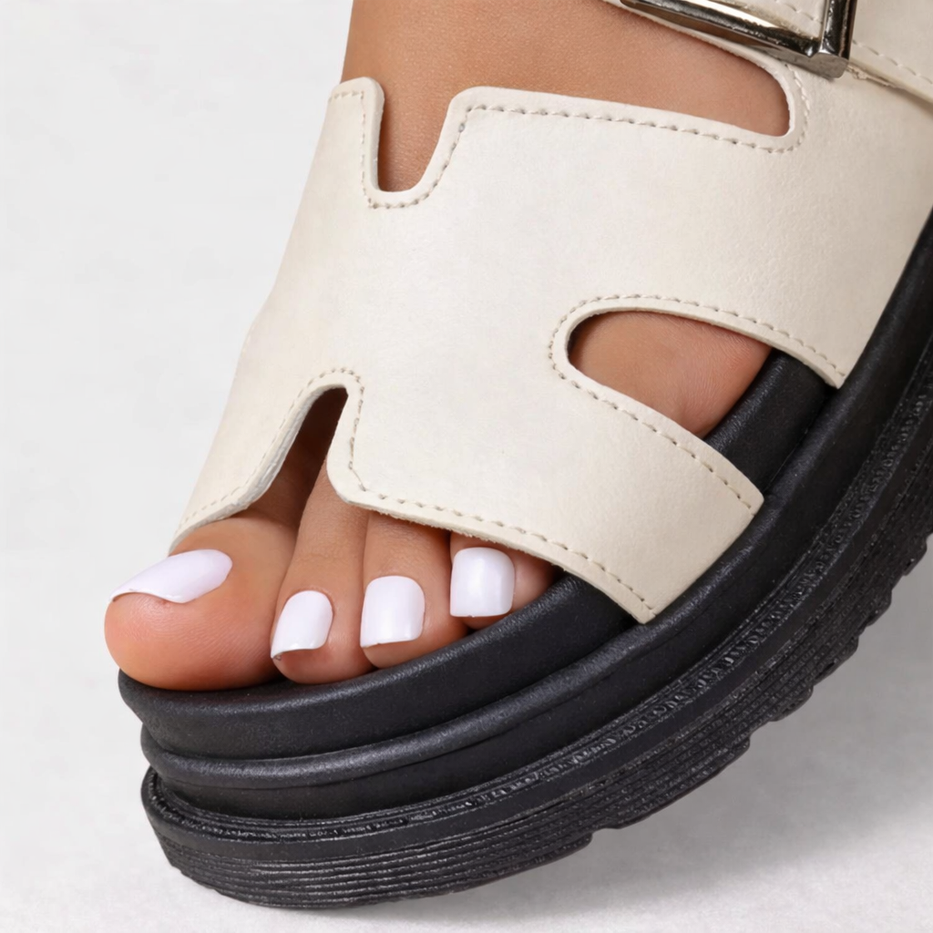 women's multi-strap buckle flatform sandals - worn view