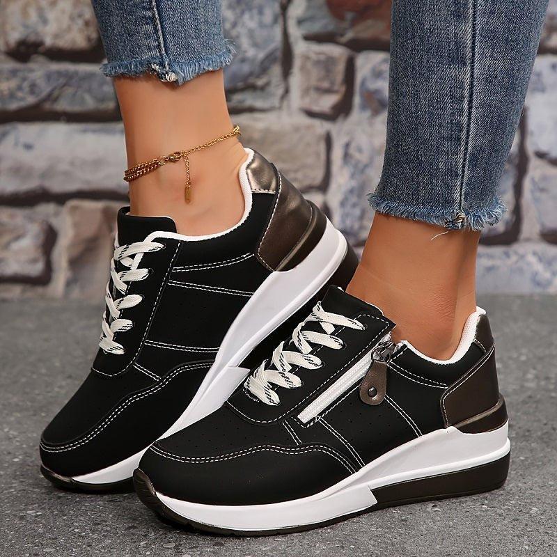 women's orthopedic low-cut lace-up sneakers in Black - front view