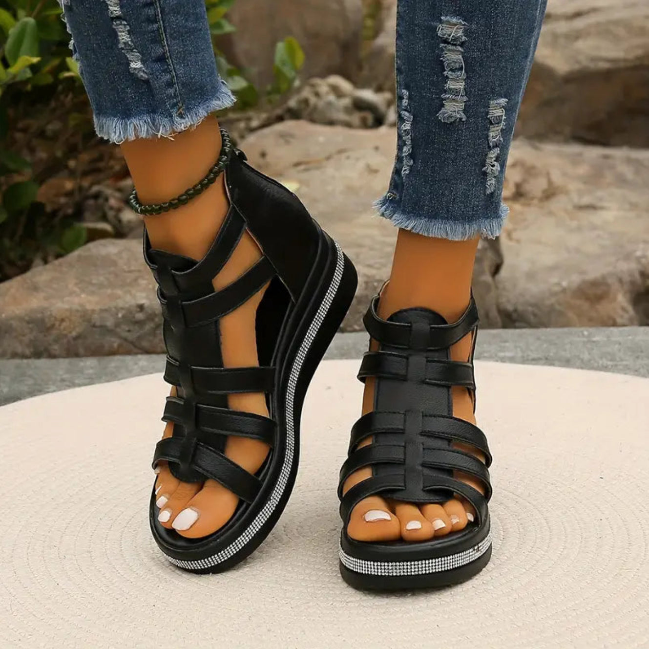 Women's rhinestone embellished wedge sandals garden party beach event