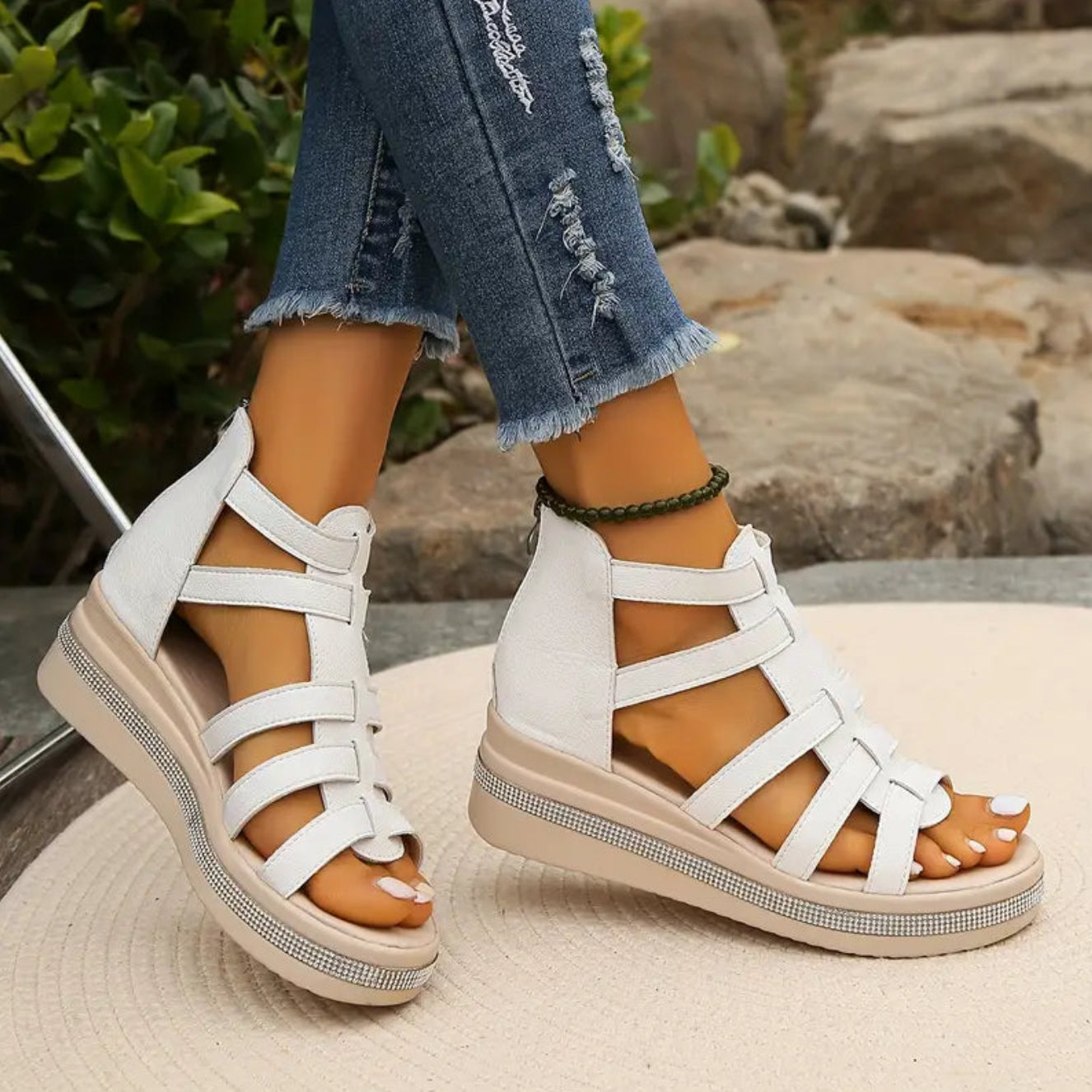 Side view women's rhinestone wedge sandals open toe summer event