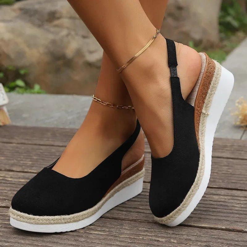 women's slip-on platform espadrille wedge shoes in Black - front view