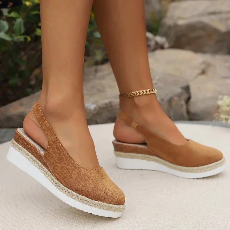 women's slip-on platform espadrille wedge shoes in Khaki - front view