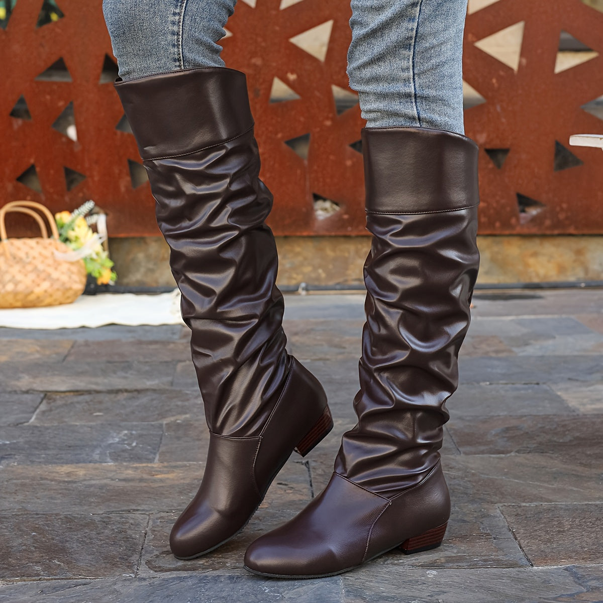 Women's Slouch Knee-High Boots with Low Heel - view 3