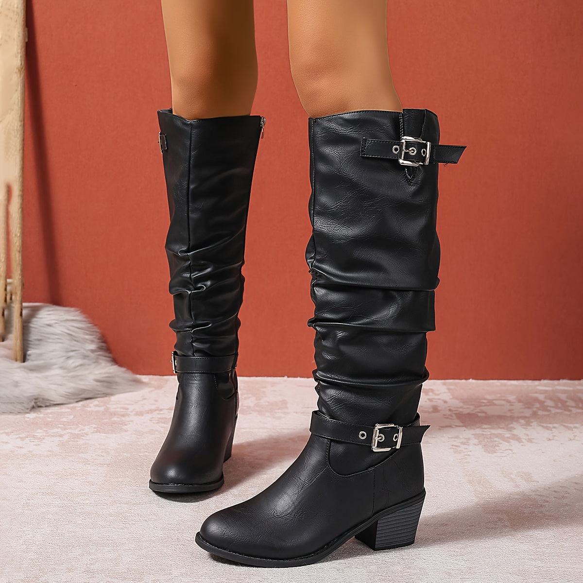 Women's Slouch Tall Boots with Buckle Straps and Block Heel - view 10
