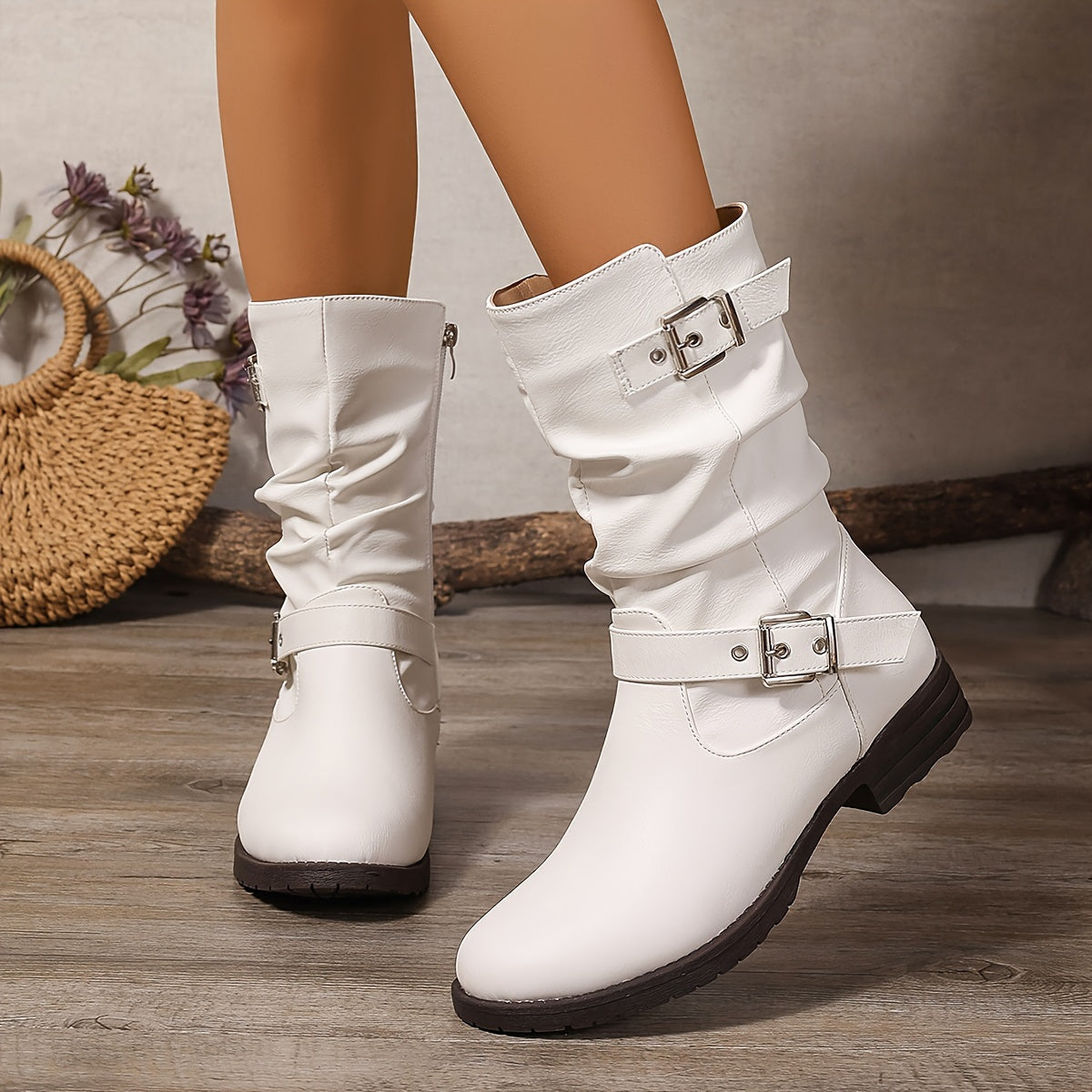 Women's Slouchy Buckle Boots with Chunky Heel - view 10
