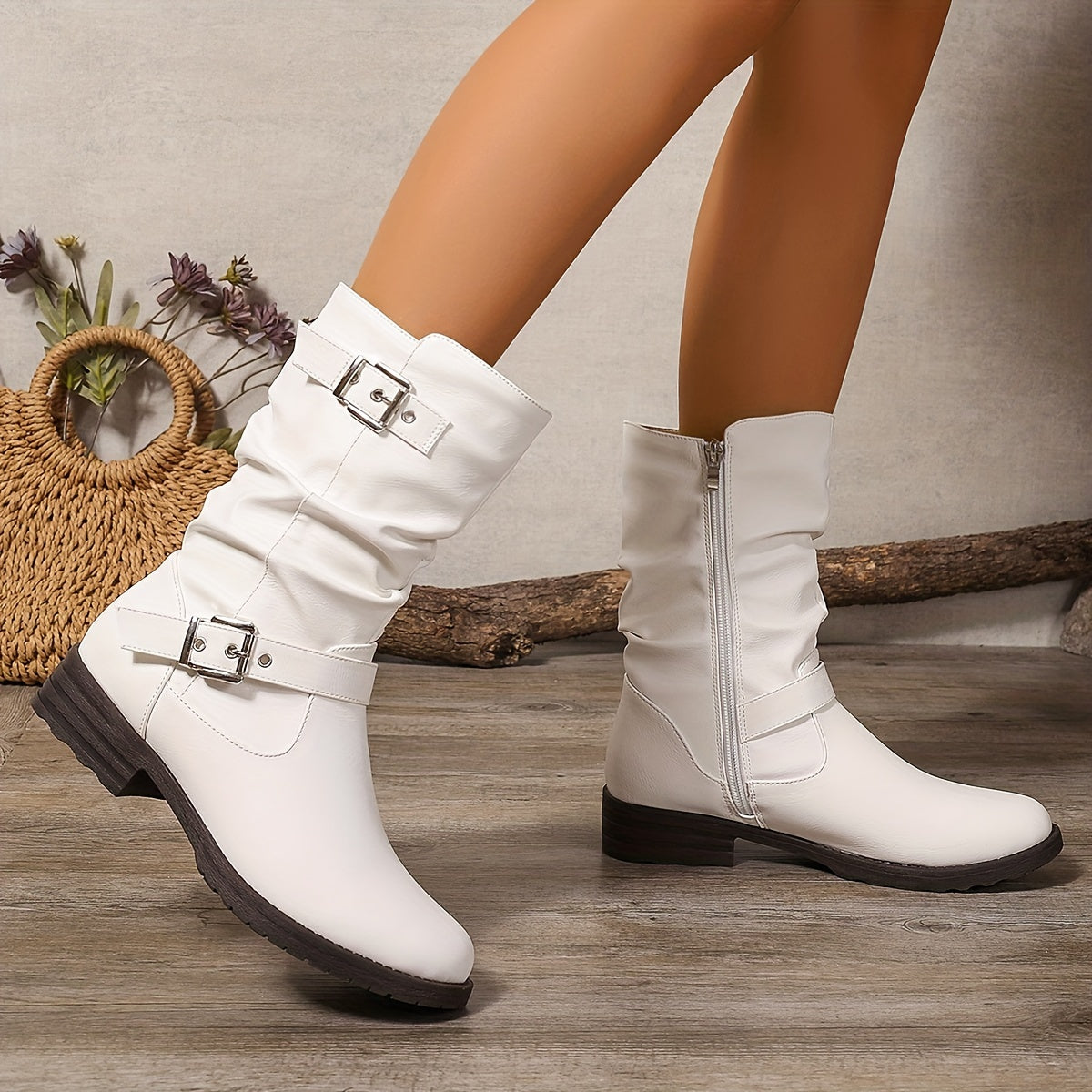 Women's Slouchy Buckle Boots with Chunky Heel - view 12