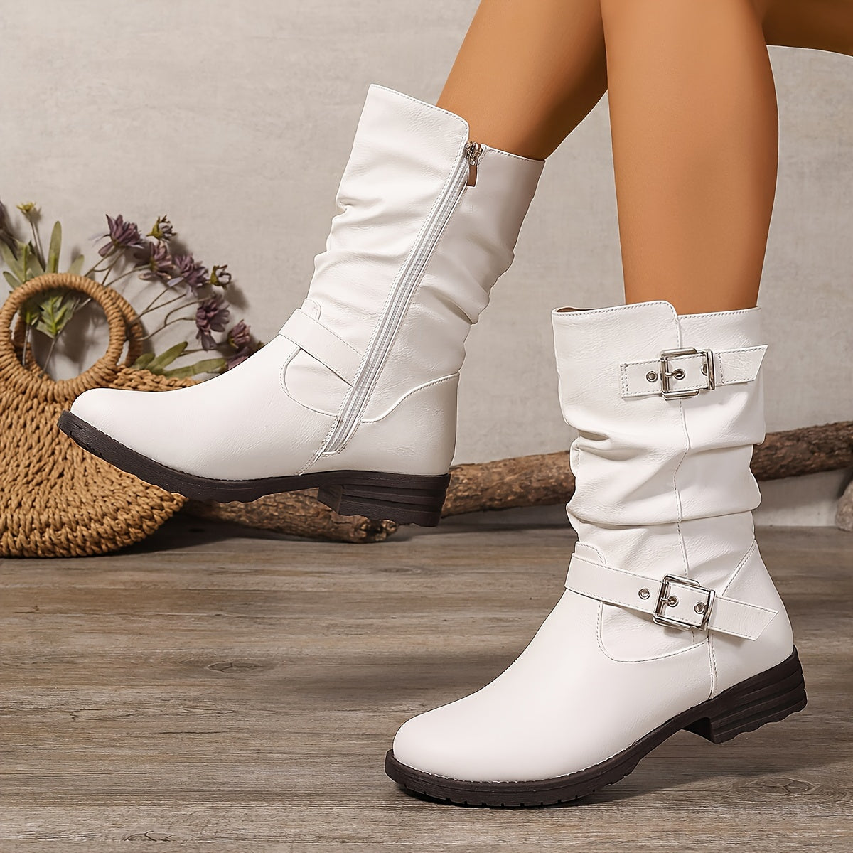 Women's Slouchy Buckle Boots with Chunky Heel - view 6