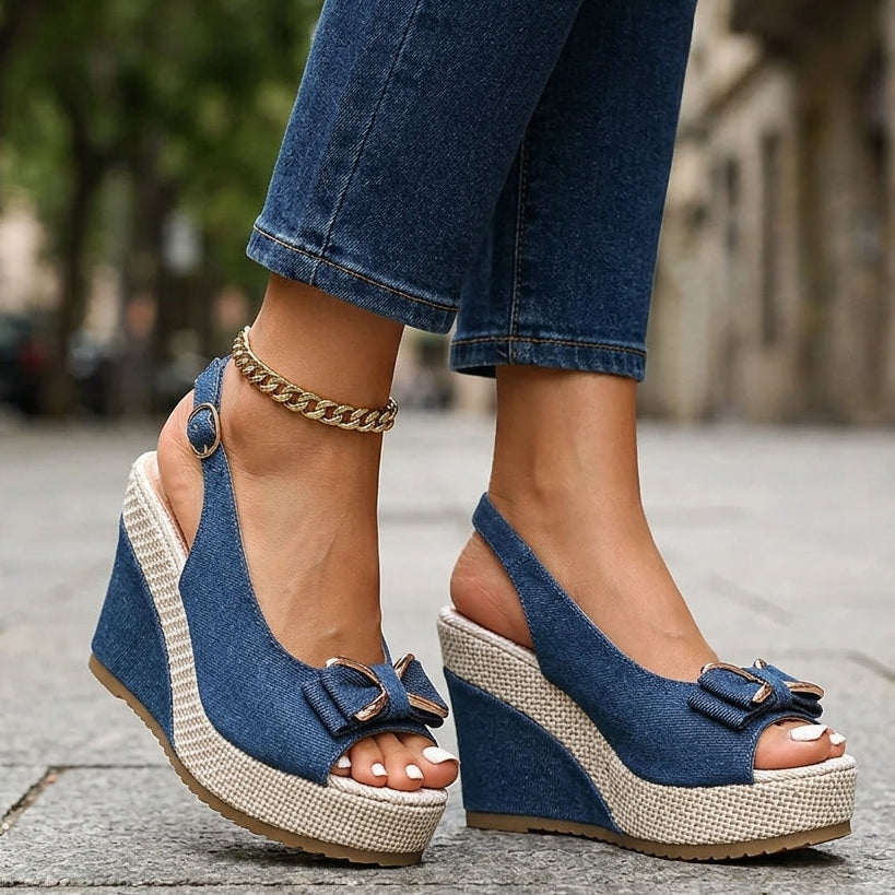 Women's denim bow wedge sandals - front view