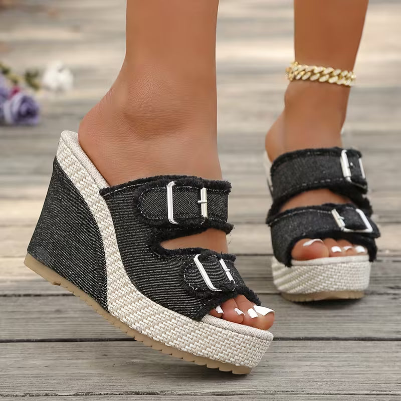 Women's denim wedge sandals - full view