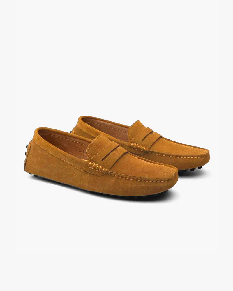 Men's suede driver loafers in Caramel - front view