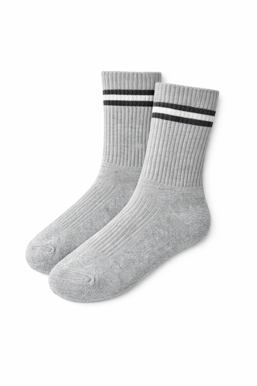 Unisex Ribbed Crew Socks – Grey with Black & White Stripes (2 Pairs)