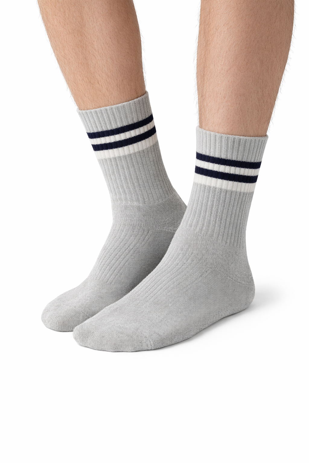 Light Grey Ribbed Crew Socks with Navy & White Stripes – Unisex (2 Pairs)